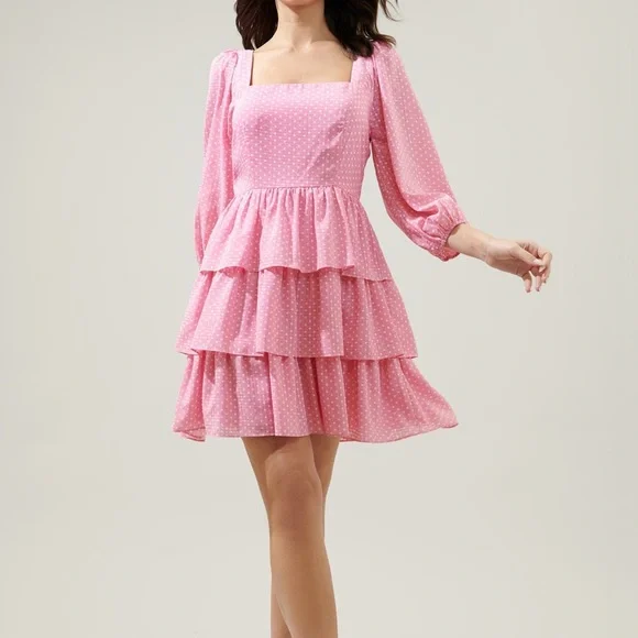 SugarLips Corinne Polka Dot Tiered Mini Dress bell sleeve flowy spring Easter S - Picture 1 of 12